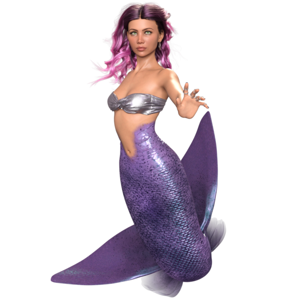 Mor renkli parlak kuyruklu 3D denizkızı ve şeffaf arkaplanda izole edilmiş gümüş bir bikini.