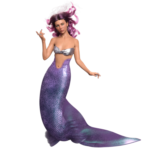 Mor renkli parlak kuyruklu 3D denizkızı ve şeffaf arkaplanda izole edilmiş gümüş bir bikini.