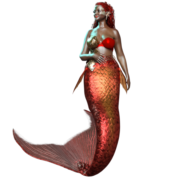 3 boyutlu, kızıl yanardöner kuyruklu bir denizkızı ve şeffaf arkaplanda izole edilmiş altın bir zırh.