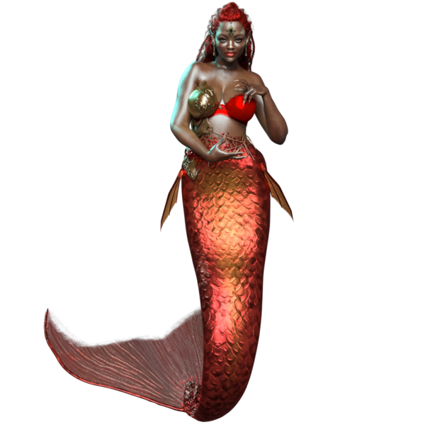 3 boyutlu, kızıl yanardöner kuyruklu bir denizkızı ve şeffaf arkaplanda izole edilmiş altın bir zırh.