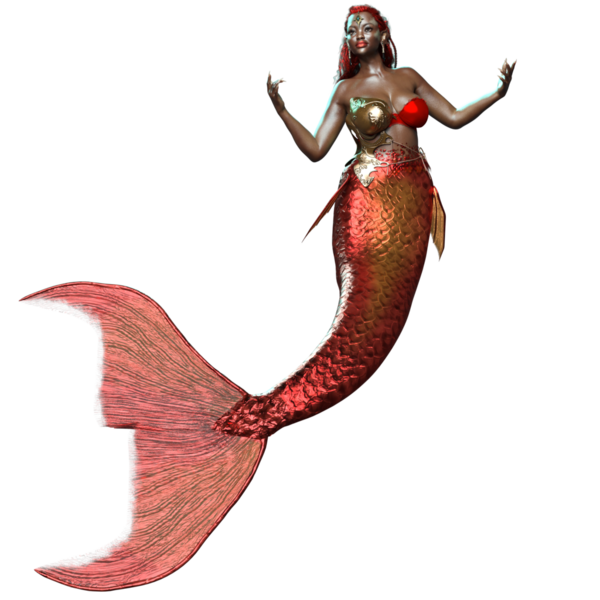 3 boyutlu, kızıl yanardöner kuyruklu bir denizkızı ve şeffaf arkaplanda izole edilmiş altın bir zırh.