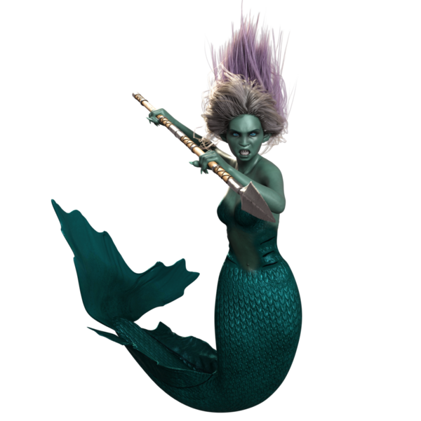 3 boyutlu karanlık fantezi denizkızı. Mızrağı şeffaf bir arka planda.