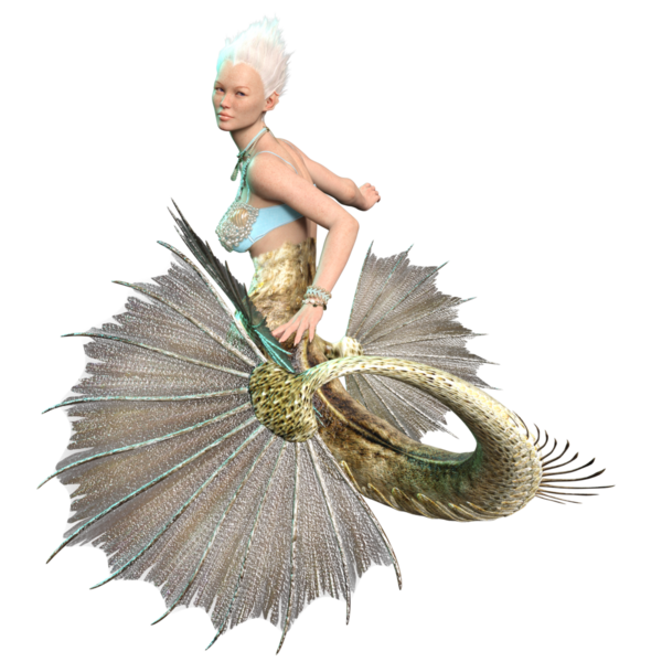 Saydam arkaplanda dikenli yüzgeçleri ve kuyruğu olan 3 boyutlu denizkızı.