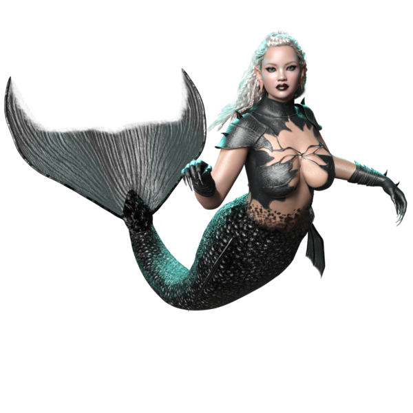 3D, karanlık gotik denizkızı zırhlı ve siyah kuyruklu şeffaf arka planda izole edilmiş.