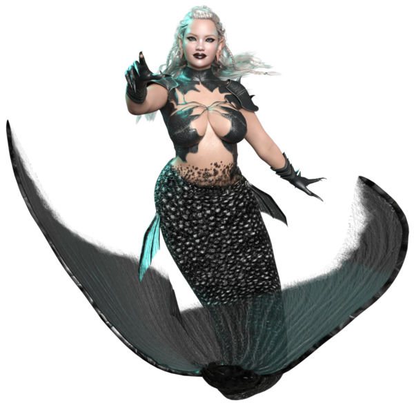 3D, karanlık gotik denizkızı zırhlı ve siyah kuyruklu şeffaf arka planda izole edilmiş.