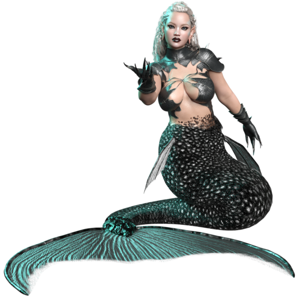 3D, karanlık gotik denizkızı zırhlı ve siyah kuyruklu şeffaf arka planda izole edilmiş.