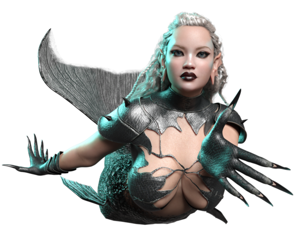 3D, karanlık gotik denizkızı zırhlı ve siyah kuyruklu şeffaf arka planda izole edilmiş.