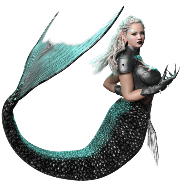 3D, karanlık gotik denizkızı zırhlı ve siyah kuyruklu şeffaf arka planda izole edilmiş.