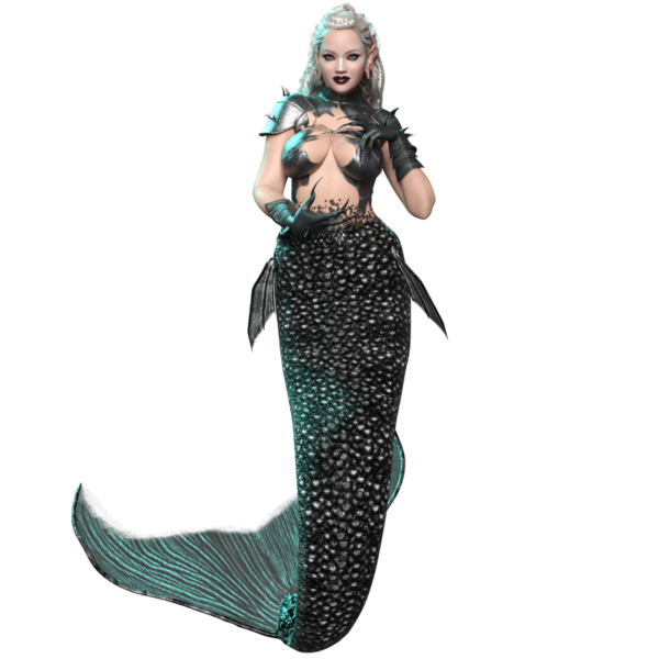 3D, karanlık gotik denizkızı zırhlı ve siyah kuyruklu şeffaf arka planda izole edilmiş.