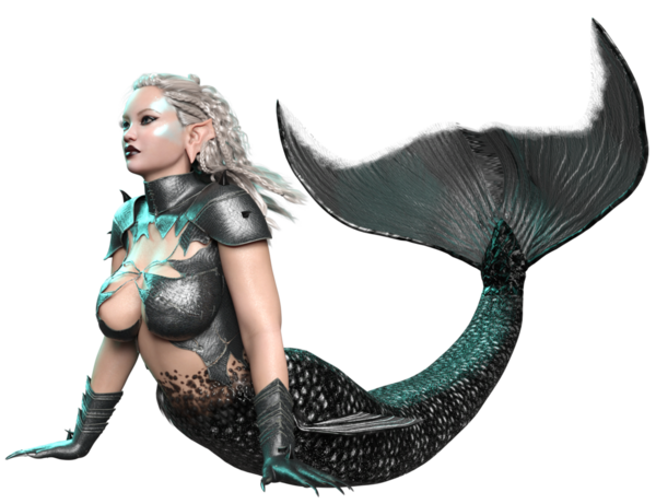 3D, karanlık gotik denizkızı zırhlı ve siyah kuyruklu şeffaf arka planda izole edilmiş.