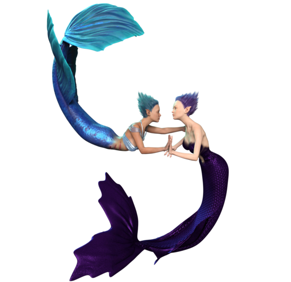 Şeffaf arkaplanda 3 boyutlu sevimli denizkızları birlikte yüzüyordu.