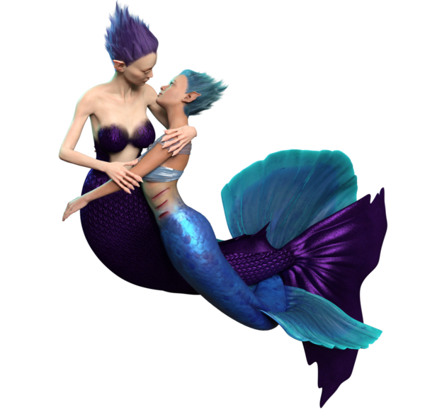 Şeffaf arkaplanda 3 boyutlu sevimli denizkızları birlikte yüzüyordu.