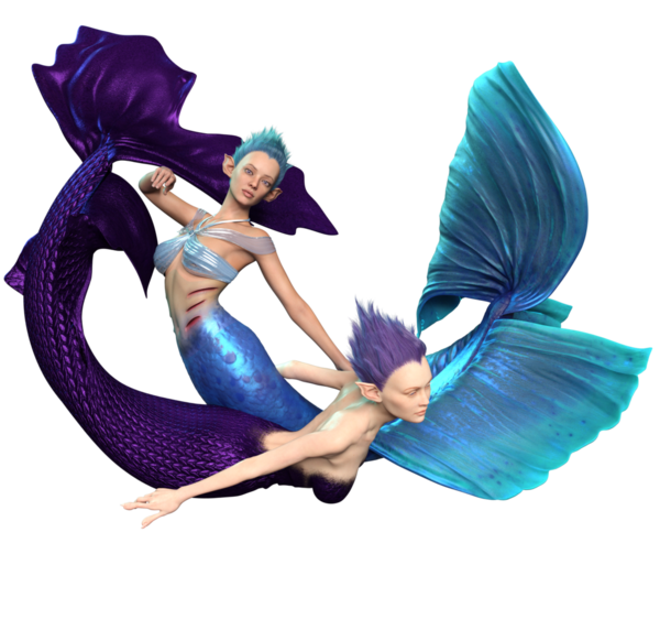 Şeffaf arkaplanda 3 boyutlu sevimli denizkızları birlikte yüzüyordu.