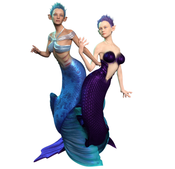 Şeffaf arkaplanda 3 boyutlu sevimli denizkızları birlikte yüzüyordu.