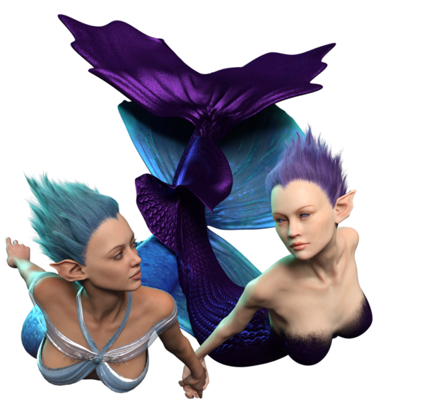 Şeffaf arkaplanda 3 boyutlu sevimli denizkızları birlikte yüzüyordu.