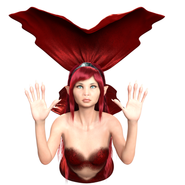 3 boyutlu, kızıl saçlı ve şeffaf arka planda izole edilmiş kırmızı yanardöner kuyruklu deniz kızı.