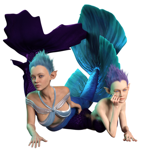 Şeffaf arkaplanda 3 boyutlu sevimli denizkızları birlikte yüzüyordu.