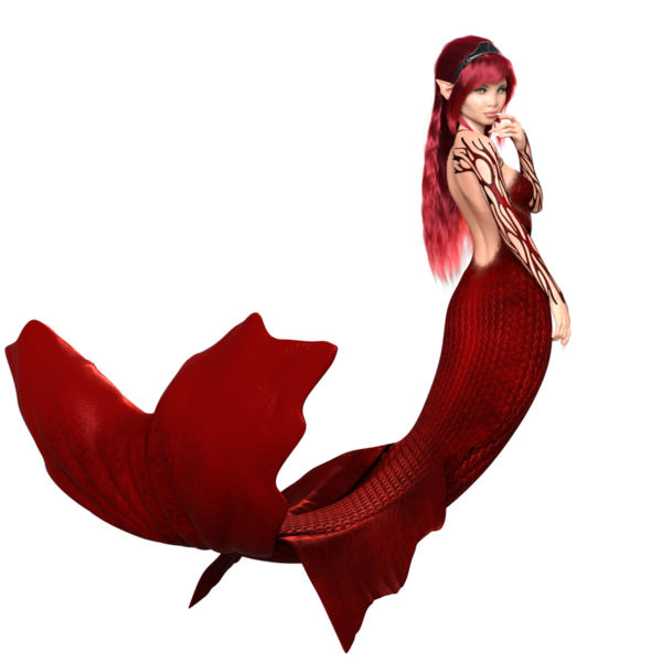 3 boyutlu, kızıl saçlı ve şeffaf arka planda izole edilmiş kırmızı yanardöner kuyruklu deniz kızı.