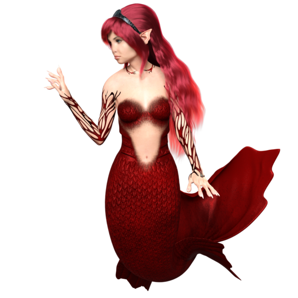 3 boyutlu, kızıl saçlı ve şeffaf arka planda izole edilmiş kırmızı yanardöner kuyruklu deniz kızı.