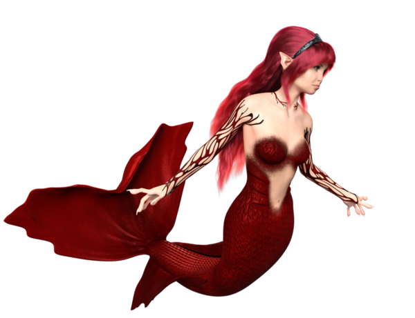 3 boyutlu, kızıl saçlı ve şeffaf arka planda izole edilmiş kırmızı yanardöner kuyruklu deniz kızı.