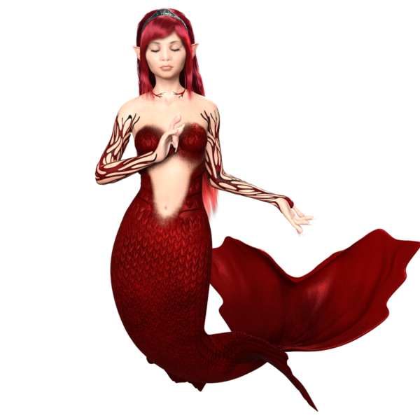 3 boyutlu, kızıl saçlı ve şeffaf arka planda izole edilmiş kırmızı yanardöner kuyruklu deniz kızı.