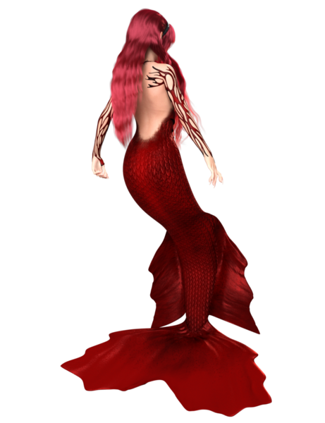 3 boyutlu, kızıl saçlı ve şeffaf arka planda izole edilmiş kırmızı yanardöner kuyruklu deniz kızı.