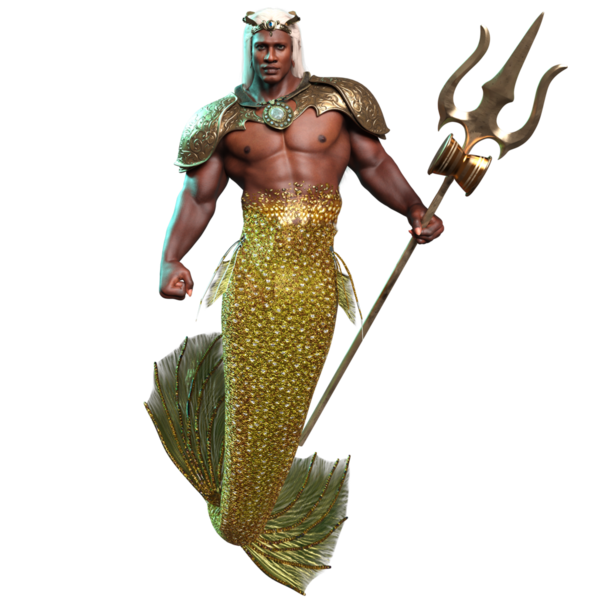 3D denizadamı kralı altın zırhlı ve tacında şeffaf arka planda izole edilmiş bir mızrak var.