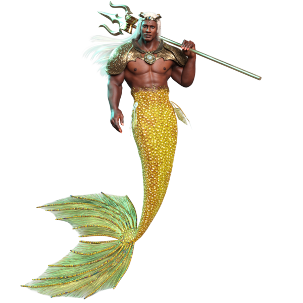 3D denizadamı kralı altın zırhlı ve tacında şeffaf arka planda izole edilmiş bir mızrak var.