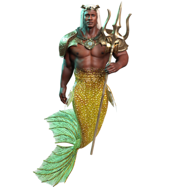 3D denizadamı kralı altın zırhlı ve tacında şeffaf arka planda izole edilmiş bir mızrak var.