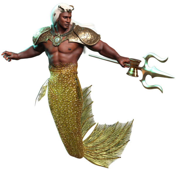 3D denizadamı kralı altın zırhlı ve tacında şeffaf arka planda izole edilmiş bir mızrak var.