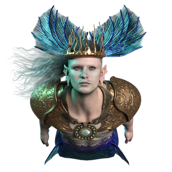 3 boyutlu deniz adamı kralı, şeffaf arka planda izole edilmiş bir taç ve altın zırh.