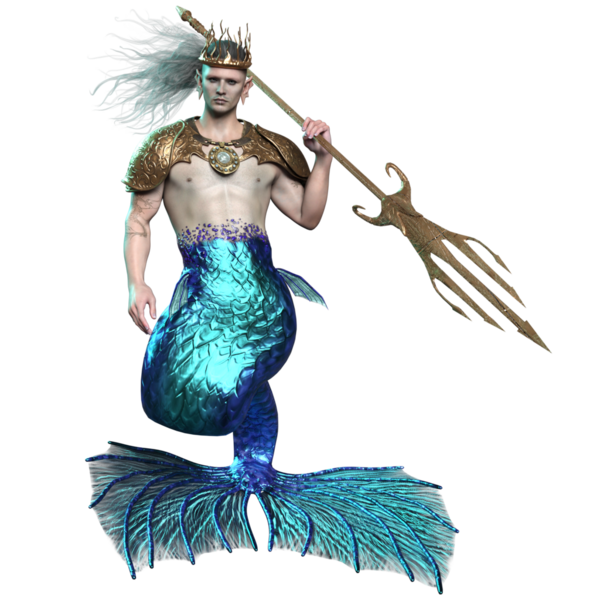 Üç boyutlu denizadamı kralı, bir taç, altın bir zırh ve şeffaf arka planda izole edilmiş bir mızrak.