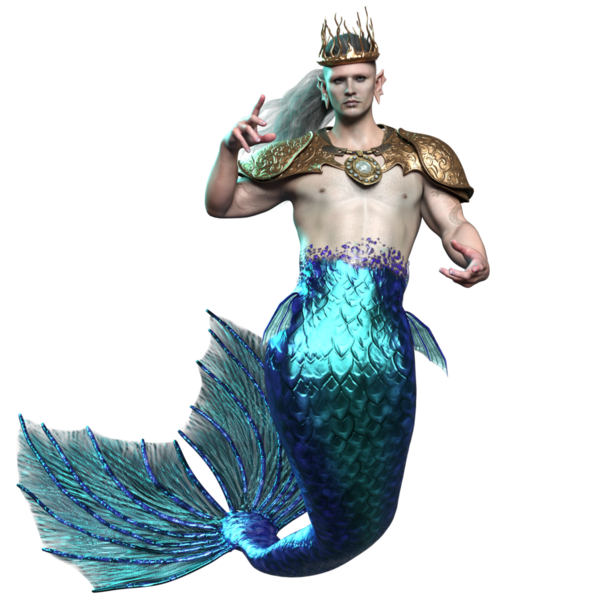 3 boyutlu deniz adamı kralı, şeffaf arka planda izole edilmiş bir taç ve altın zırh.