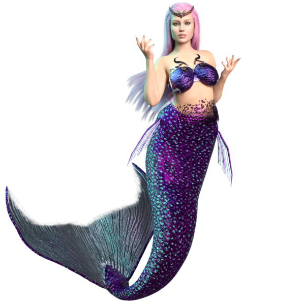 3 boyutlu, pembe uzun saçlı ve şeffaf arkaplanda mor renkli yanardöner kuyruklu bir deniz kızı.