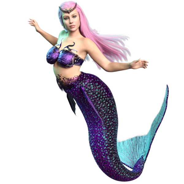 3 boyutlu, pembe uzun saçlı ve şeffaf arkaplanda mor renkli yanardöner kuyruklu bir deniz kızı.