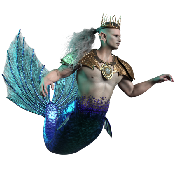 3 boyutlu deniz adamı kralı, şeffaf arka planda izole edilmiş bir taç ve altın zırh.