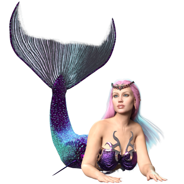 3 boyutlu, pembe uzun saçlı ve şeffaf arkaplanda mor renkli yanardöner kuyruklu bir deniz kızı.