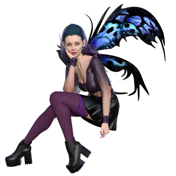 3D, şeffaf arkaplanda kelebek kanatları olan karanlık kentsel fantezi gotik perisi yarattı.