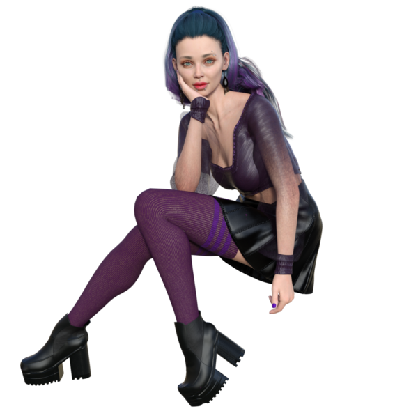 Üç boyutlu, boyalı saçlı, şeffaf arkaplanda deri etekli şehir kadını karakteri.