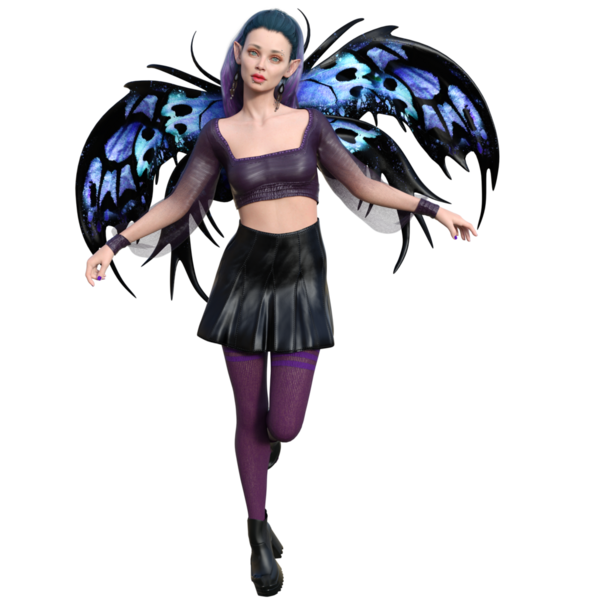 3D, şeffaf arkaplanda kelebek kanatları olan karanlık kentsel fantezi gotik perisi yarattı.