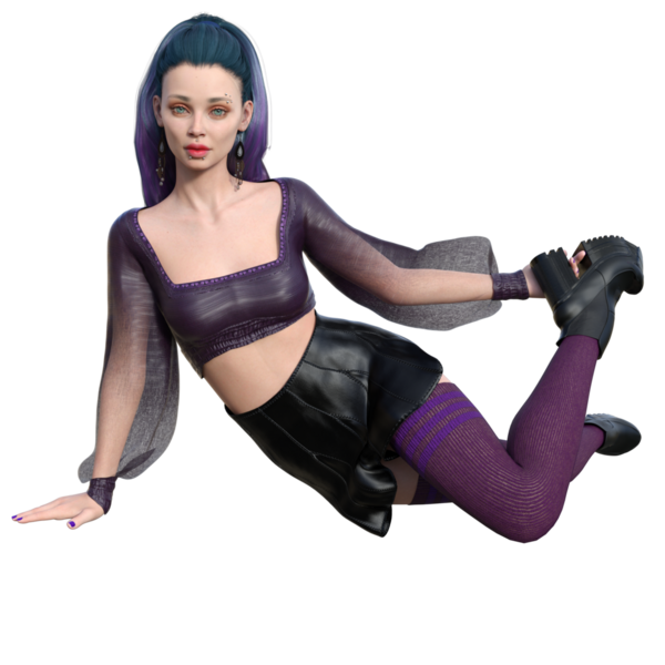 Üç boyutlu, boyalı saçlı, şeffaf arkaplanda deri etekli şehir kadını karakteri.