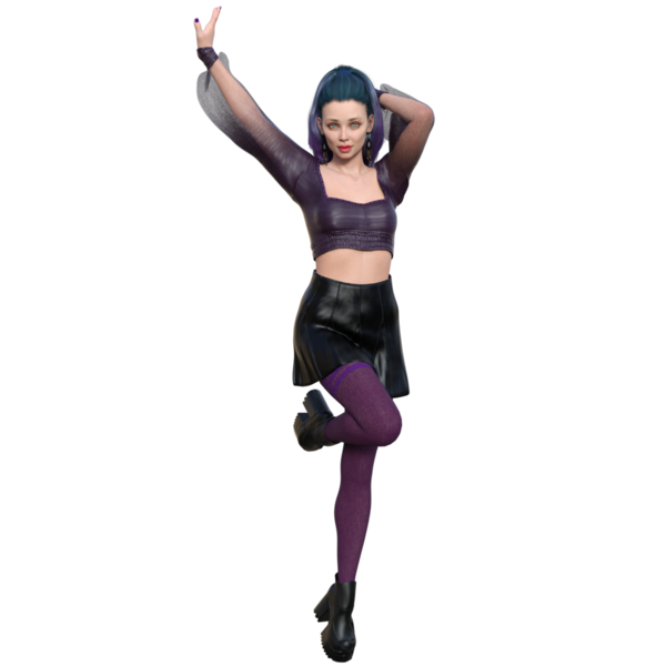 Üç boyutlu, boyalı saçlı, şeffaf arkaplanda deri etekli şehir kadını karakteri.