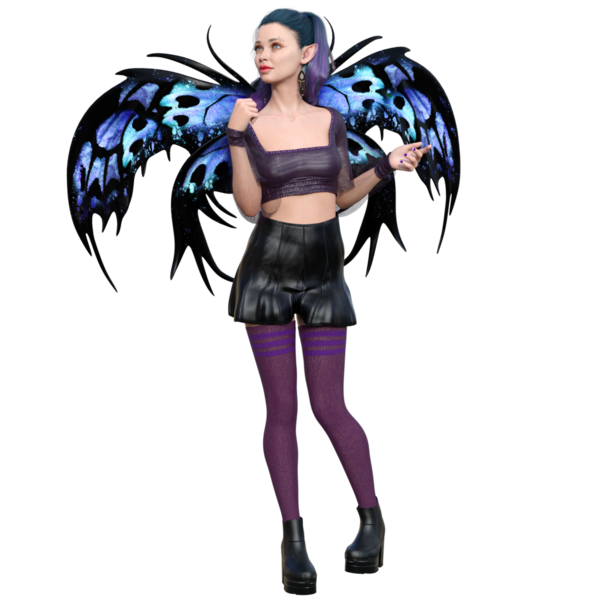 3D, şeffaf arkaplanda kelebek kanatları olan karanlık kentsel fantezi gotik perisi yarattı.