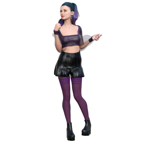 Üç boyutlu, boyalı saçlı, şeffaf arkaplanda deri etekli şehir kadını karakteri.