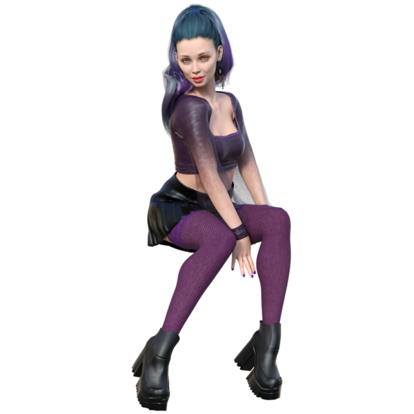 Üç boyutlu, boyalı saçlı, şeffaf arkaplanda deri etekli şehir kadını karakteri.