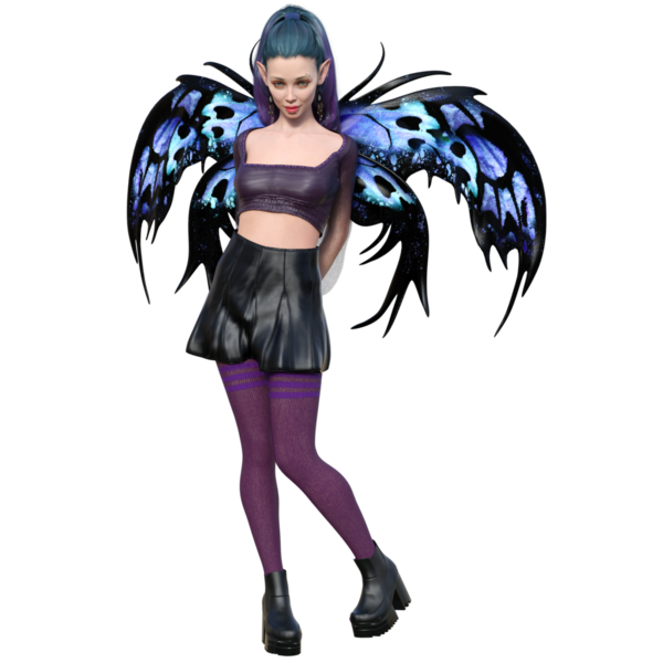 3D, şeffaf arkaplanda kelebek kanatları olan karanlık kentsel fantezi gotik perisi yarattı.