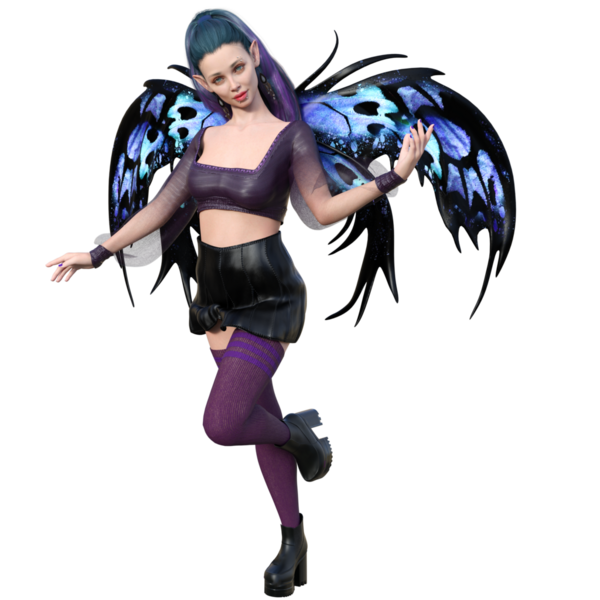3D, şeffaf arkaplanda kelebek kanatları olan karanlık kentsel fantezi gotik perisi yarattı.