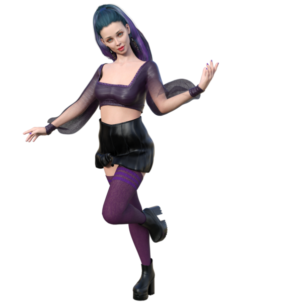 Üç boyutlu, boyalı saçlı, şeffaf arkaplanda deri etekli şehir kadını karakteri.