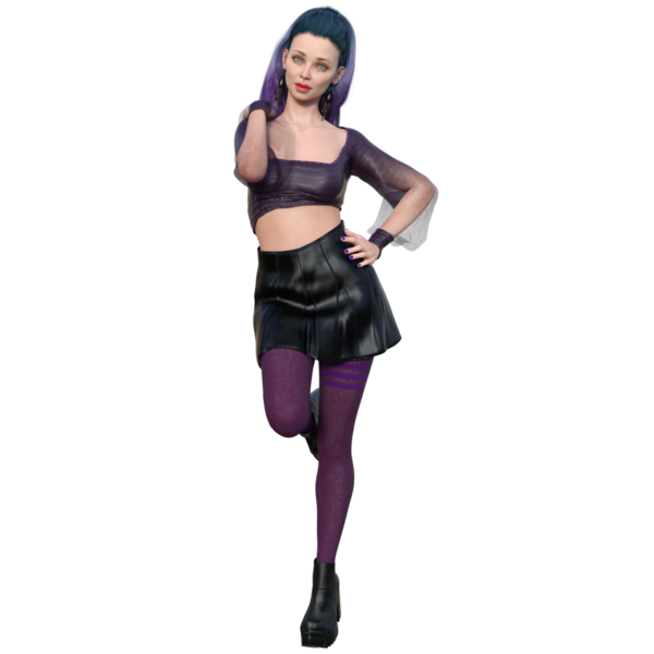 Üç boyutlu, boyalı saçlı, şeffaf arkaplanda deri etekli şehir kadını karakteri.