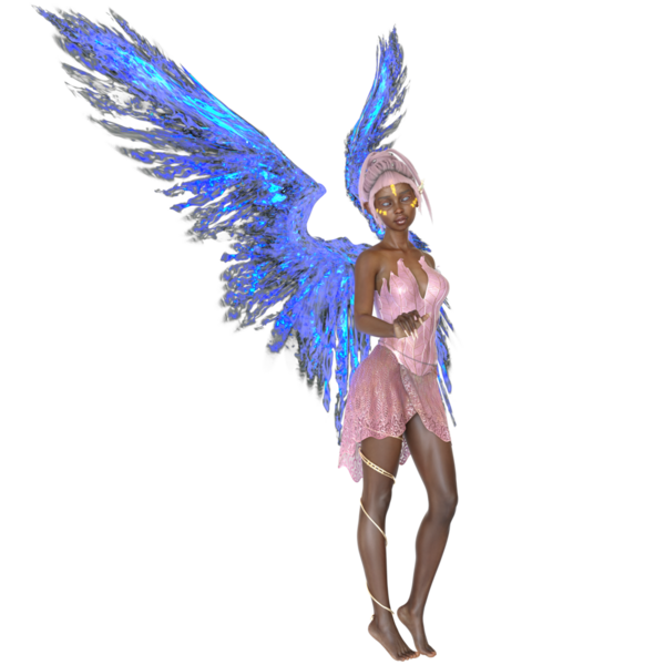 Pembe elbiseli ve şeffaf arkaplanda izole edilmiş mavi neon kanatlı 3D hazırlanmış peri.